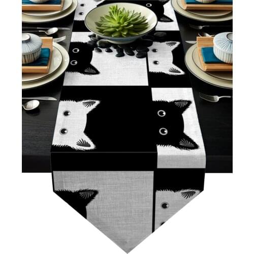 Geometic Black White Plaid Cat Table Runner Table Flag Home Party Decorative Tablecloth Table Runners