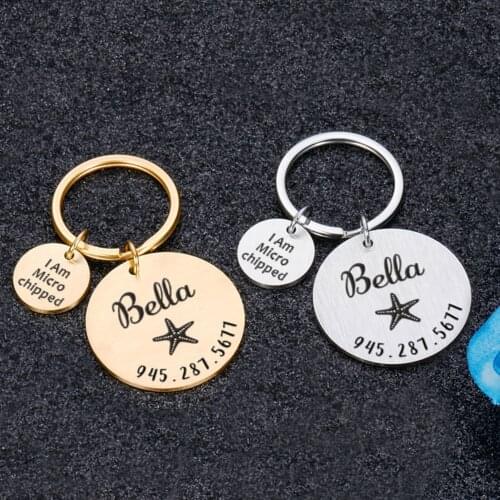 Personalized Pet ID Tag Keychain for Pet Dog Cat I Am Microchipped Dog Name Number Tag Stainless Steel Keyring Laser Engraving