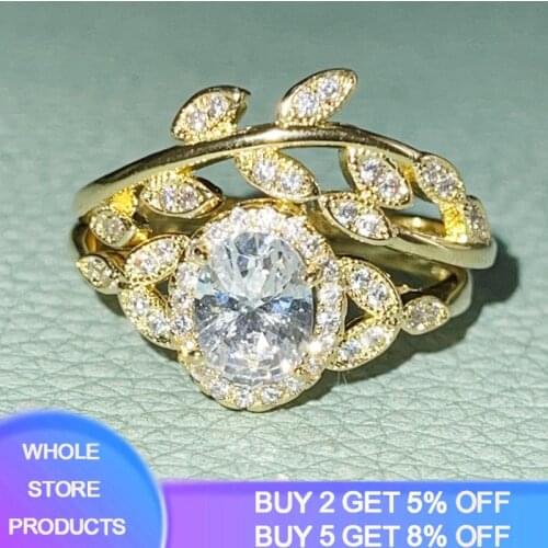 Fashion 14K Gold Color Sterling Silver 925 Ring With Crystal Zirconia Stones Branches Ring Set For Women Party Jewelry TR046