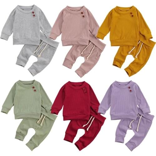 Newborn Baby 2-piece Outfit Set Long Sleeve Solid Color Top and Pants Set for Baby Boys Girls