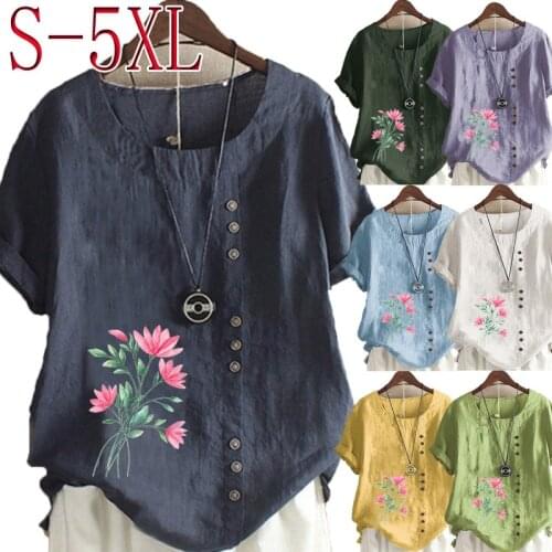 Summer Womens Fashion Plant Printing Short-sleeved Round Neck Shirt Ladies Linen Button Top Loose T-shirt S-5XL