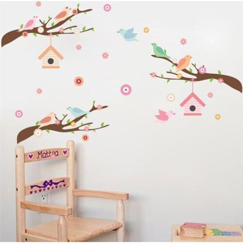 Cute Birds Singing On Floral Branch Wall Sticker For Kids Room Decoration Cartoon Safari Mural Art Home Decals Animal Posters