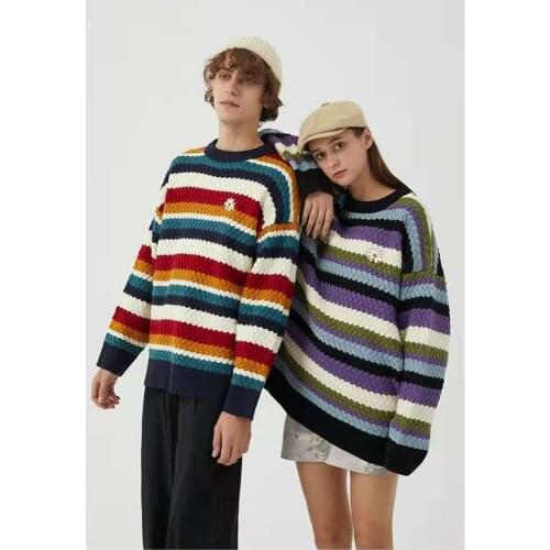 Fashion Hipster Knitwear Rainbow Stripes Embroidery Daisy Flower Sweaters Unisex Streetwear Casual Knitted Pullovers Tops Men