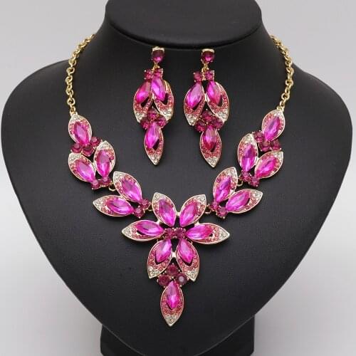 Fashion Bridal Jewelry Sets Hot Pink Flower Necklace Leaf Earrings Party Prom Wedding Costume Accessories for Bridesmaid Women