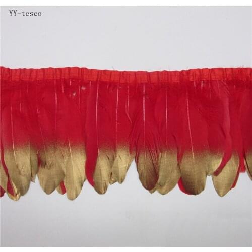 Wholesale Goose Feather Trims 6 Meter Red Geese Feather Ribbons/15-18cm Fringes Gold Goose Feather Cloth Belt DIY decorative