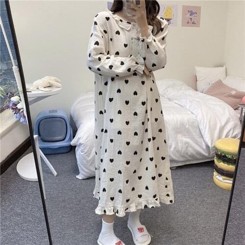 Autumn winter love heart nightgown women ruffles long sleeve homewear dress gauze cotton soft korean chic nightdress Y987