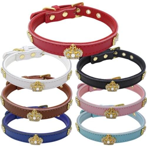 Rhinestones Crown Dog Collar Genuine Leather Material Adjustable Necklace Pet Dog Cat Collars with 7colors XS S