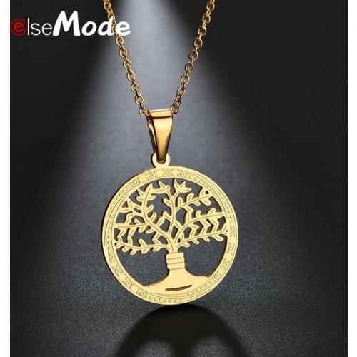 ELSEMODE Gold Hollow Tree of Life Round Necklace 316L Stainless Steel Chain Necklace for Women Girls Fashion Gifts Charm Bijoux
