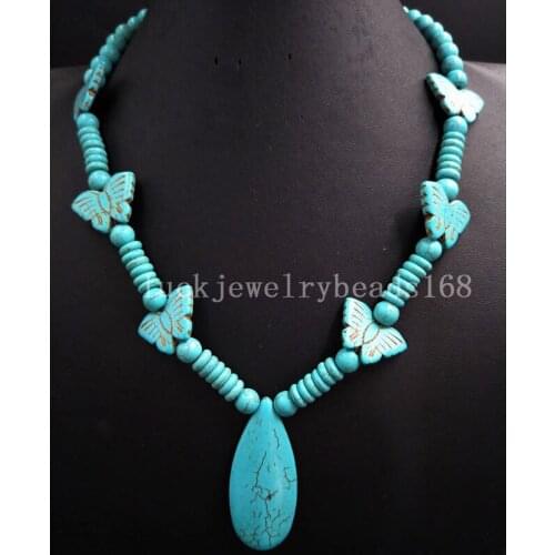 Free Shipping Fashion Jewelry Howlite Buttfler Water Drop Art Beads Necklace 20.5" FG8056
