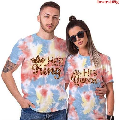 Couple Women T Shirt King and Queen Print Funny Femme T-shirts Casual Short Sleeve Cute Valentine Tee Tie dye Tops Woman Clothes