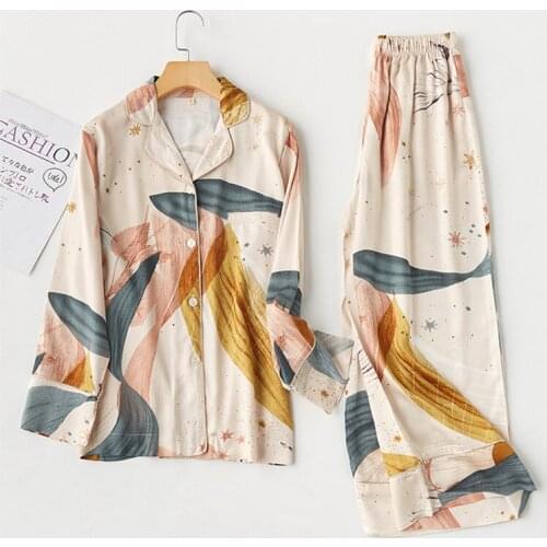 Pajamas For Women Satin Cotton 2 Pcs Print Pijamas Mujer Fashion Summer Home Clothes Ladies Underwear Long Sleeve Sleepwear