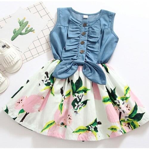 Girls Dress Summer Clothing Denim Bow Stitching Dress Lemon Print Sleeveless Fashion Sweet Cute Girl Dress Girl Christmas Dress