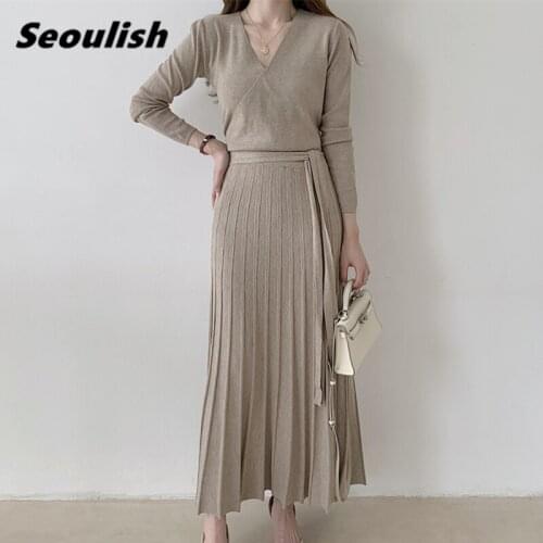 Seoulish Autumn Winter Solid Cross V-Neck Elegant Knitting A-Line Dress 2021 New Lace Up Long Sleeve Office Sweater Dress Female