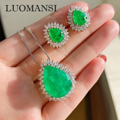 Luomansi Luxury Jewelry Set Oversized Water Drop Paraiba Tourmaline Emerald Pendant Necklace / Earrings Women Gift Party