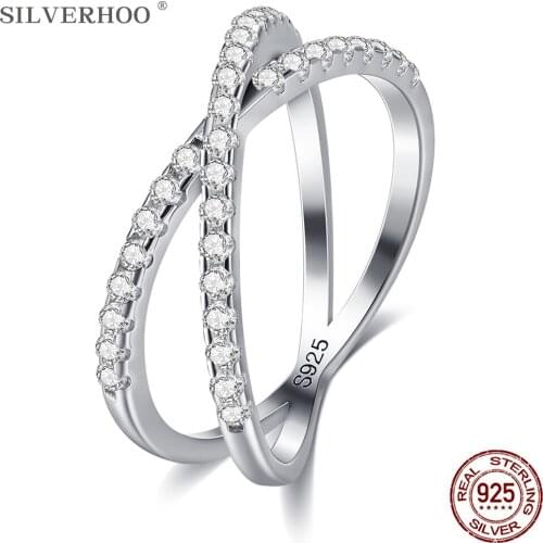 SILVERHOO 925 Sterling Silver Rings For Women Double Cross Zircon Fine Jewelry Female Ring Hot Selling Pretty Gift To Girlfriend