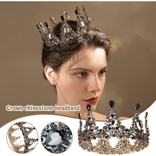 Baroque Black Crown Full Round Rhinestone Bridal Tiaras Retro Headbands Headpieces for Women Girls Bride Wedding Hair Jewelry