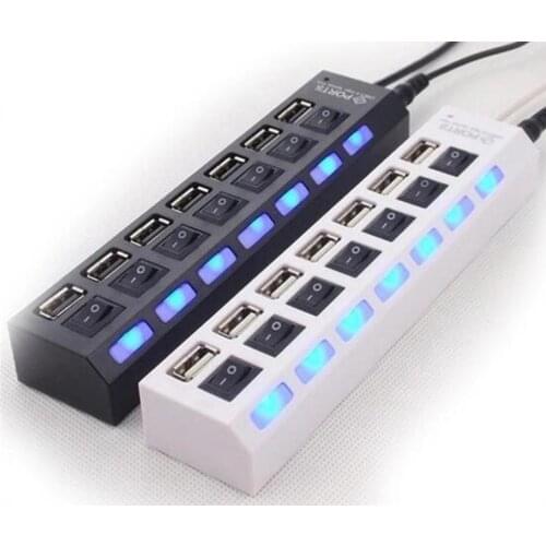 7 Ports LED USB 2.0 Adapter Hub Splitter With Power Adapter Power on/off USB Splitter HUB For PC