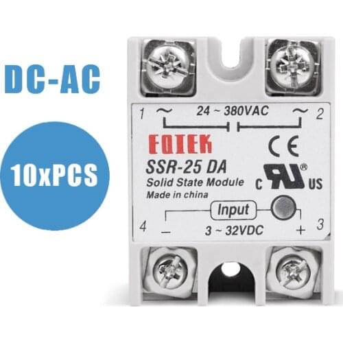 10PCS Solid State Module Relay SSR 25DA 25A Single Phase 3-32V 12V DC To 24-380V 220V AC For Temperature Controller