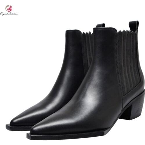 Original Intention High Quality Ankle Boots Square Toe Square Heels Boots Black White Leather Stripe Concise Casual Shoes Woman