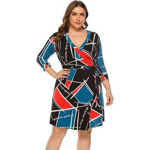 Womens 2021 Fall New Large Size Womens Sexy Fashion Printed V-neck Mini Slim Dress Party Dress Free Shipping for Ladies 5XL6XL