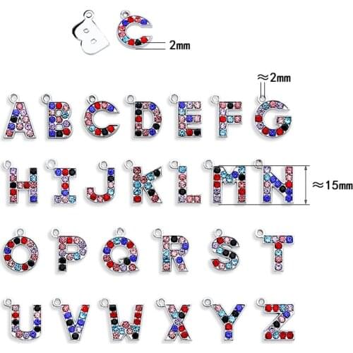 26pc Multicolor Rhinestone Hang Letters Charms Pendant15x15mm Zinc Alloy Fit Necklace Bracelet Pet Dog Collar Tag Anklet Gift