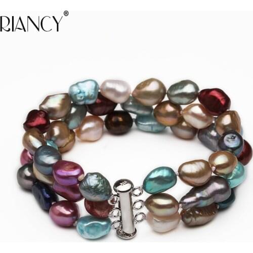 Fashion dyeing baroque 3 rows natural freshwater Multicolor pearl bracelets jewelry bangle for women wedding gift