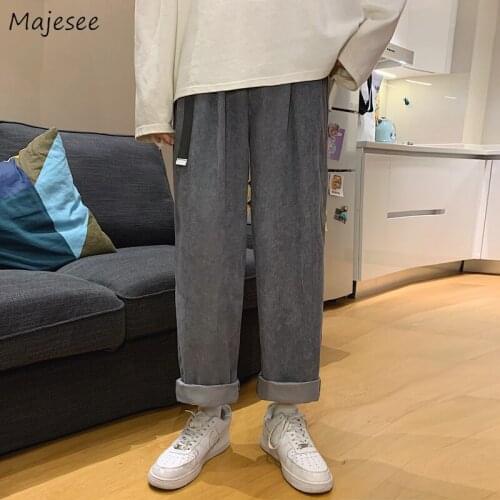 Casual Pants Men Sash Corduroy Full Length Comfortable Straight Daily Simple All-match Male Trousers Elastic Waist Chic Korean