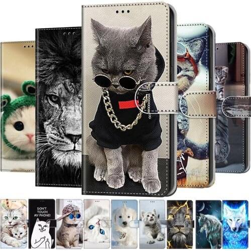 Lovely Cat Wolf Pattern Wallet Flip Cases For OPPO Realme 5 5S 5i 6i 7i Global C12 C15 C25 Narzo 10 20 Card Holder Stand Cover