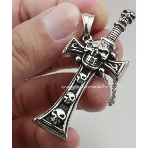 Skull Sword Pendant Cross 316L Stainless Steel Mens Biker Rock Punk Pendant 2Q032 Steel Necklace 26 inch