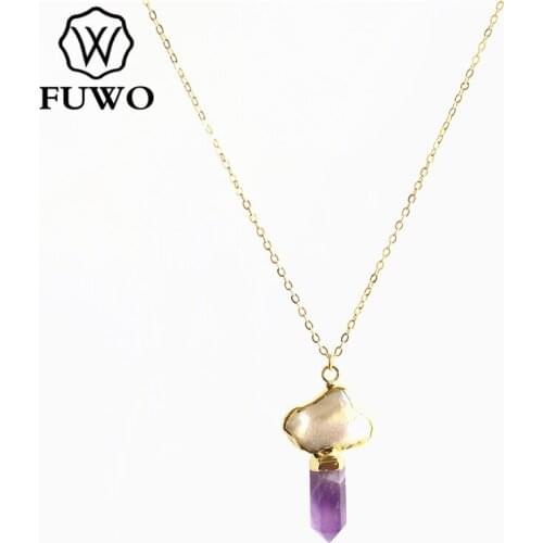 FUWO Creative Pearl rose/purple Quartz Pendants Necklace with Gold Trimmed Fashion Irregular Shape Pearl Jewelry For Women NC531