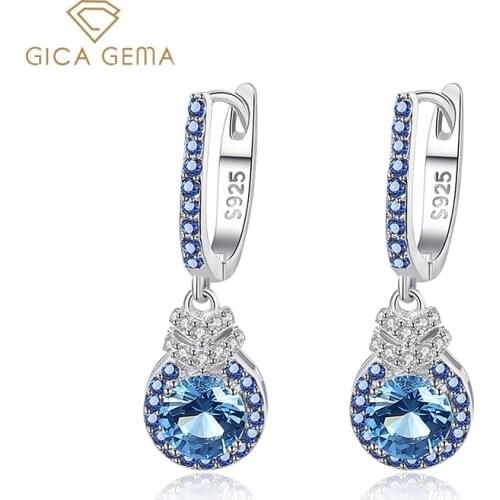 GICA GEMA Women Sky Blue Zircon Earrings Real 925 Sterling Silver Fine Drop Earrings 5*5mm Gemstone Genuine Silver Jewelry