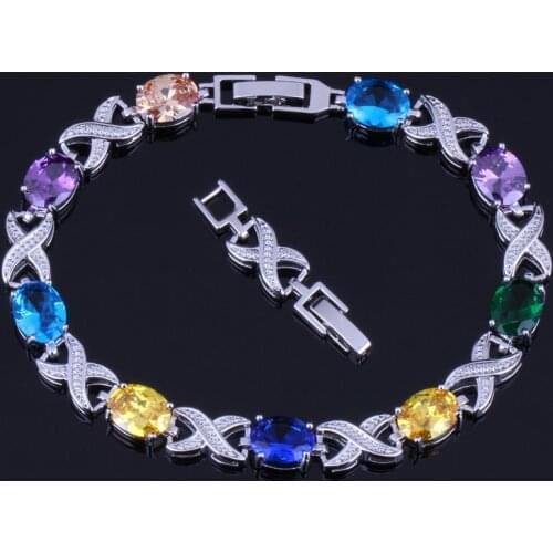 Glamorous Oval Egg Multigem Multicolor Purple Cubic Zirconia Silver Plated Link Chain Bracelet 20cm 22cm V0051