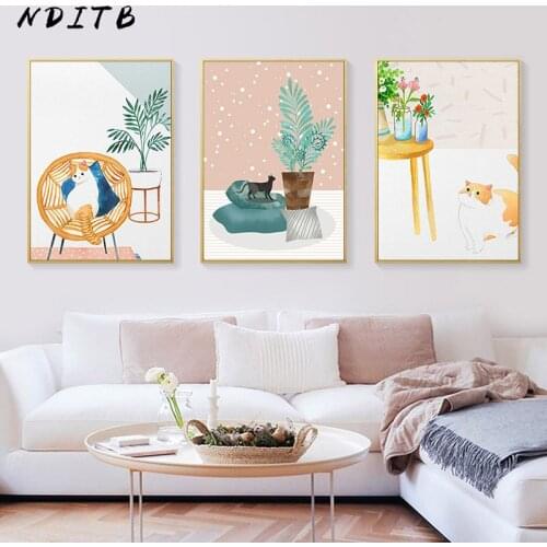 Indie Pop Style Watercolor Cat Illustration Art Poster Canvas Wall Print Minimalist Abstract Painting Nordic Decoration Picture
