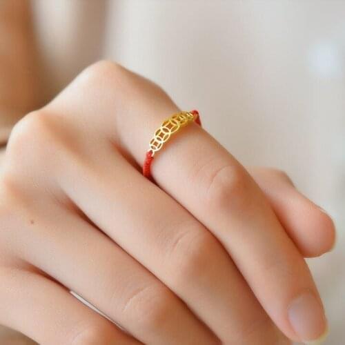 S925 Sterling Silver Good Fortune Red Rope Ring Gilding Palace Style Coin Weaving Ring Lucky Zodiac Year of Birth Accessories Fe