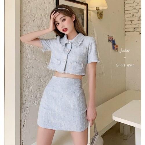 Elegant Summer Tweed Skirt Suit New Fashion Women Sexy Short Sleeve Single-Breasted Crop Top + Mini Skirt Set Two Piece Outfits