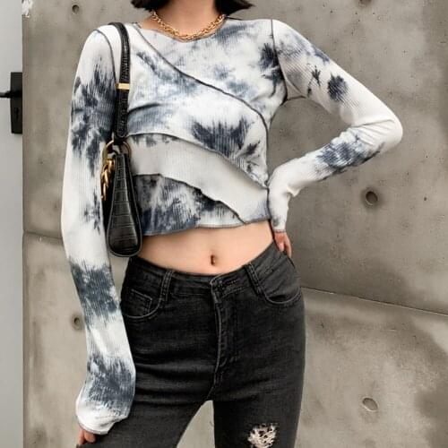 Tie Dye Gradient Crop Tops E Girl Fashion 2020 Long Sleeve Tshirts Women Tees 90s Aesthetic Tops Sexy T-shirts Streetwear Women