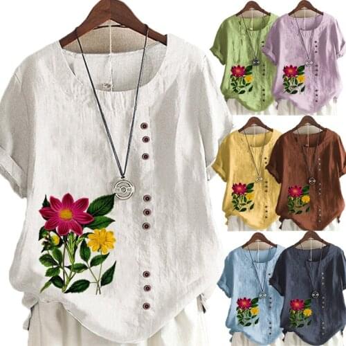 Summer Casual Floral Print Loose T-shirts Vintage Cotton and Linen O-Neck Plus Size Short Sleeve Blouse Tops For Women S-5XL