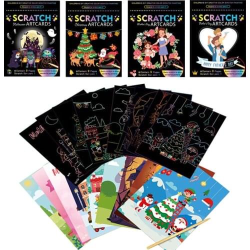 1Set Magic Rainbow Color Scratch Art Painting Paper Card Kit Halloween Christmas Mothers Day Drawing Board Kids Education Toys
