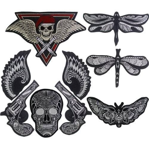 Skull Wing Guns Patch for Clothing Punk Biker Badge Dragonfly Butterfly Iron on Sticker Embroidered Decorative DIY Jacket Jeans