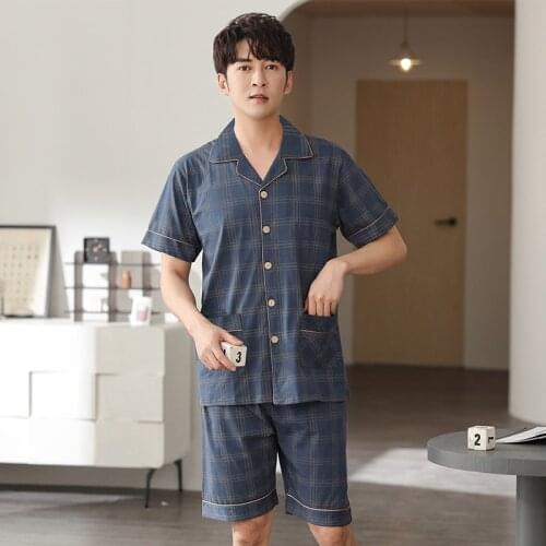 Newest Mens Pajama Set Summer 100% Cotton Pajamas Men Sleepwear Home Clothing M-XXXXL