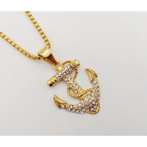 New Anchor necklace Gold color 316L stainless steel Bling Bling full crystals Anchor pendant necklace hip hop rock jewelry