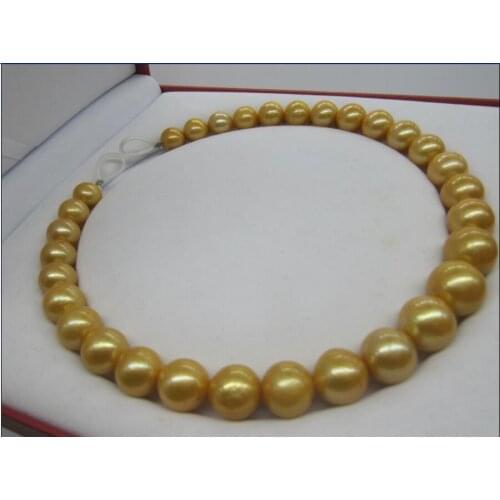HUGE 18" AAA 13-12 MM natural golden SOUTH SEA PEARL NECKLACE gold Clasp>>> women jewerly Free shipping
