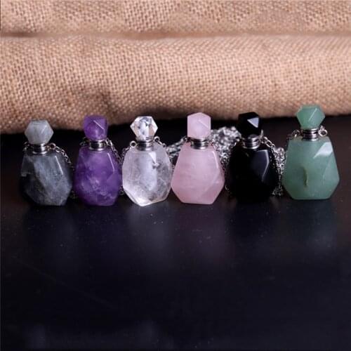 Natural Stone Perfume Bottle Pendant Necklace Amethysts Crystal Essential Oil Bottle Pendants Charms Jewelry Gift Dropshipping