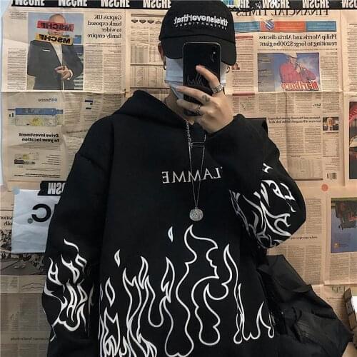 Flame Print Long Sleeve Pullovers Oversized Harajuku Hoodie Plus Size Winter Spring Clothes Sweatshirt Women Korean Style Street