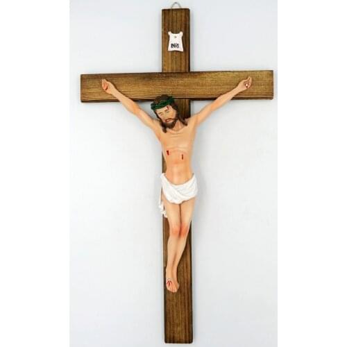 16.5 Inch Wall Crucifix Hand Painted body of Christ on Carbonized Wood Cross Resin Jesus Christ on INRI Cross Home Chapel Decor