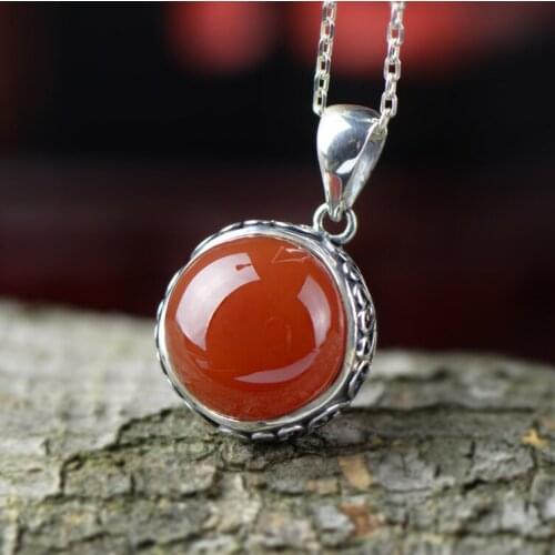S925 silver jewelry Thai silver pendant carved inlaid red temperament antique female money pendant