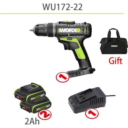 WORX Cordless Electric Drill 20V WU172 Screwdriver Professional Tool with 2 Battery 2Ah and 1 Charger Rechargerable