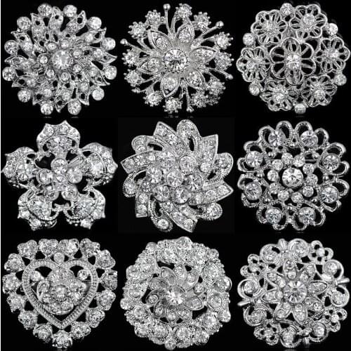 Rhinestone Crystal Silver Plated Flower Brooches for Women Men Wedding Bridal Party Round Bouquet Brooch Pin Clear