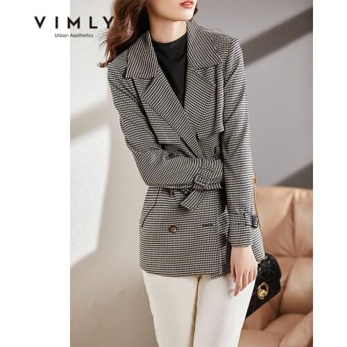 Vimly 2021 Autumn Winter Jacket For Women Blazer Fashion Double Breasted Houndstooth Trench Coat Office Lady Elegant Coats F8656
