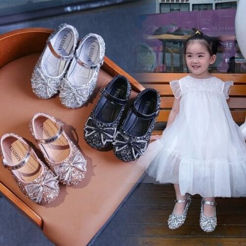 Girls Leather Shoes 2021 Summer Rhinestone Bow-knot Shiny Kids Fashion Princess Shoes Sequined Fashion Flats for Wedding 21-36